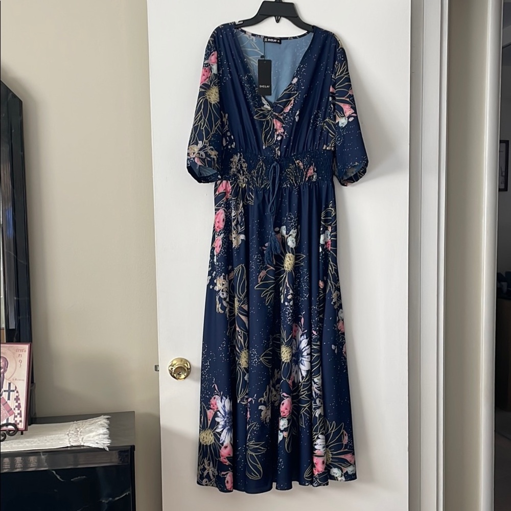 Sheilay V-Neck Maxi Navy Blue Floral Dress..